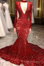 Mermaid High Neck Long Sleeves Formal Prom Dress