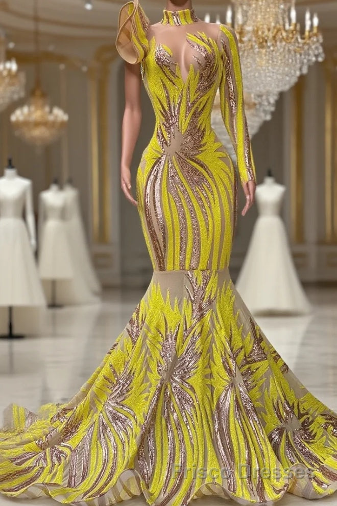 Mermaid High Neck One Shoulder Sequined Floor-length Long Sleeve Lace Formal Prom Dresses Main image