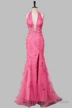 Mermaid Hot Pink Halter Appliques Long Prom Dress with Slit
