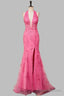 Mermaid Hot Pink Halter Appliques Long Prom Dress with Slit