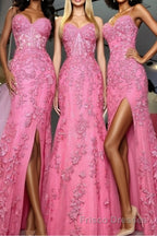Mermaid Hot Pink Lace Long Formal Prom Dresses, Long Hot Pink Formal Graduation Evening Dresses