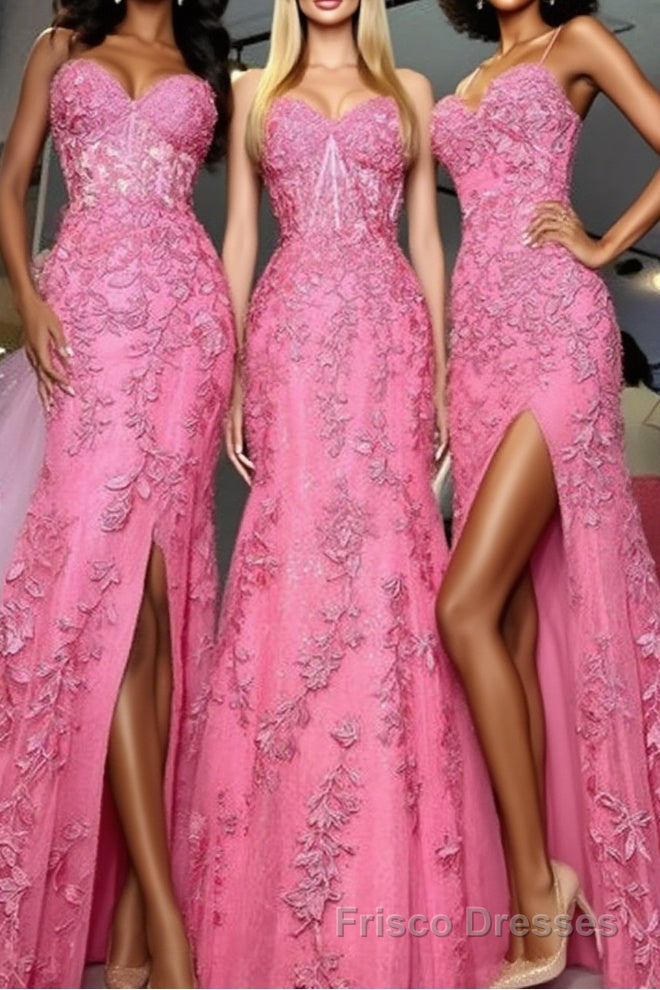 Mermaid Hot Pink Lace Long Formal Prom Dresses, Long Hot Pink Formal Graduation Evening Dresses
