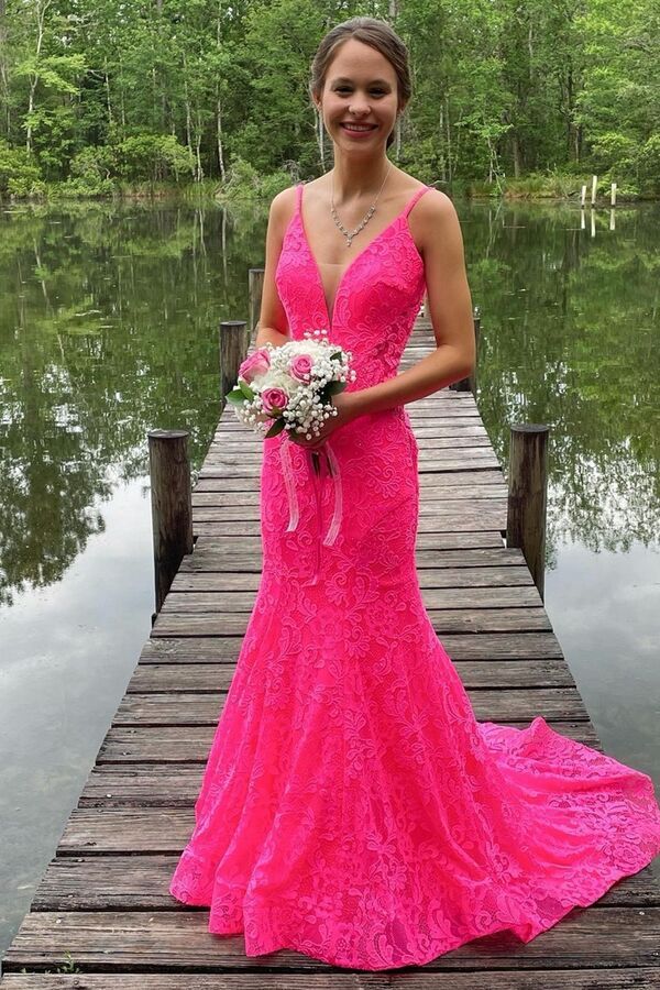 Trumpet Hot Pink V-Neck Lace Backless Sleeveless Long Prom Dress Secondary image