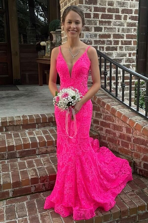 Trumpet Hot Pink V-Neck Lace Backless Sleeveless Long Prom Dress Main image