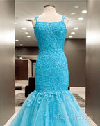 Mermaid Ice Blue Formal Prom Dress Lace Embroidery