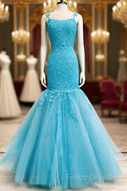 Mermaid Ice Blue Formal Prom Dress Lace Embroidery