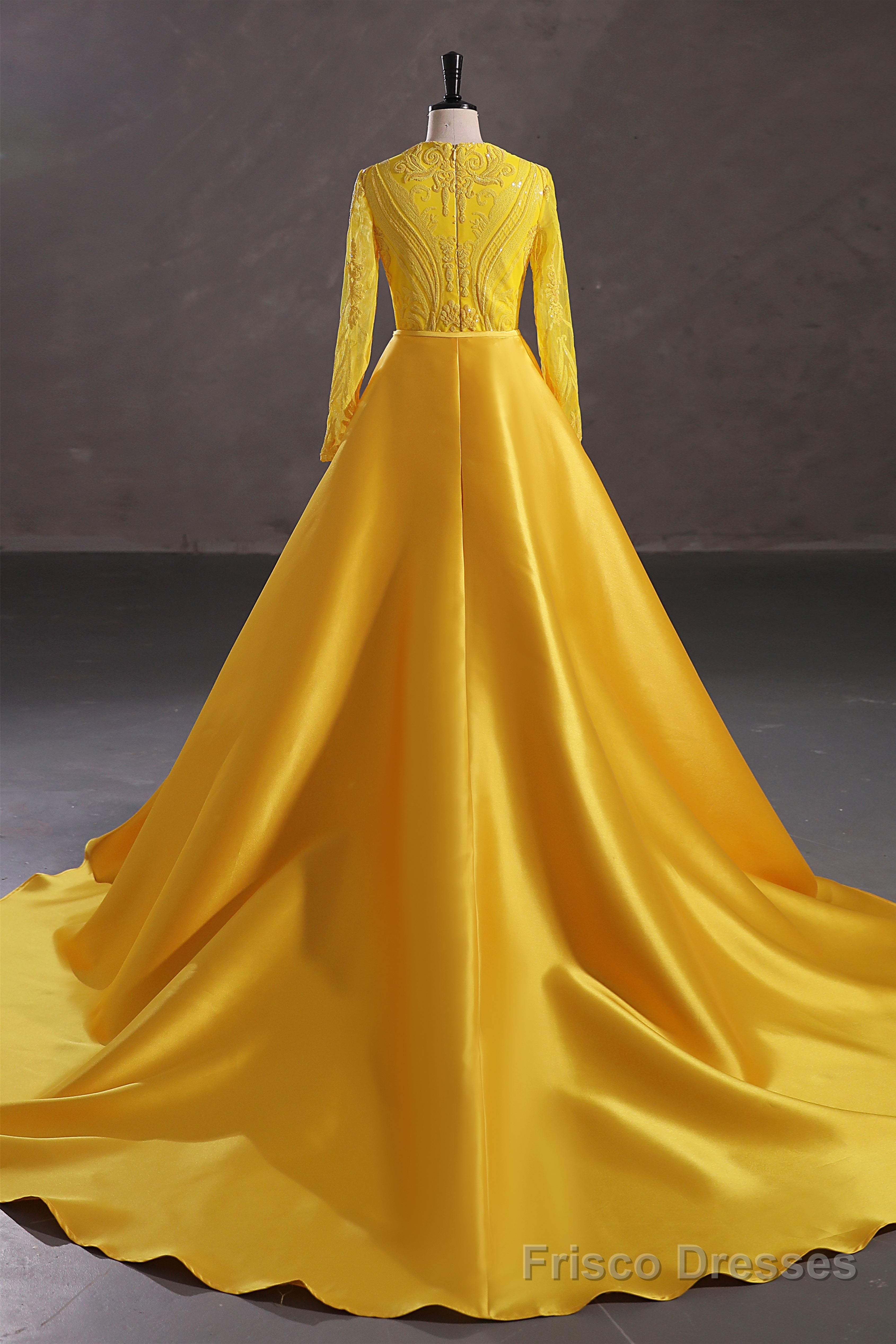 Mermaid Jewel Lace Sequined Floor-length Long Sleeve Detachable Train Elegant Prom Dress