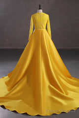 Mermaid Jewel Lace Sequined Floor-length Long Sleeve Detachable Train Elegant Prom Dress