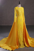 Mermaid Jewel Lace Sequined Floor-length Long Sleeve Detachable Train Elegant Prom Dress
