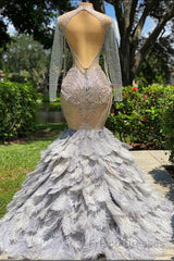 Mermaid Jewel Lace Sequined Open Back Floor-length Long Sleeve Lace Beading Formal Prom Dresses With Feather