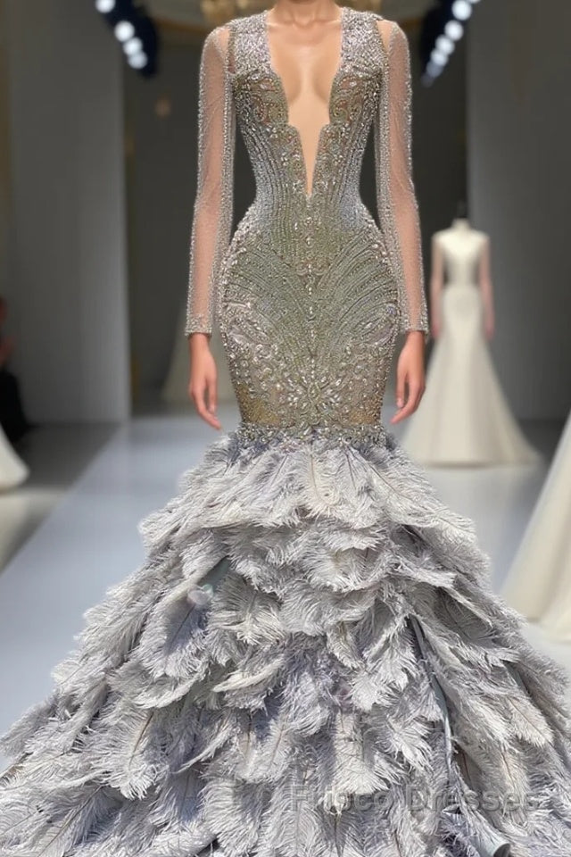 Mermaid Jewel Lace Sequined Open Back Floor-length Long Sleeve Lace Beading Formal Prom Dresses With Feather Main image