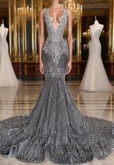 Mermaid Jewel Sequined Floor-length Sleeveless Appliques Lace Formal Prom Dresses