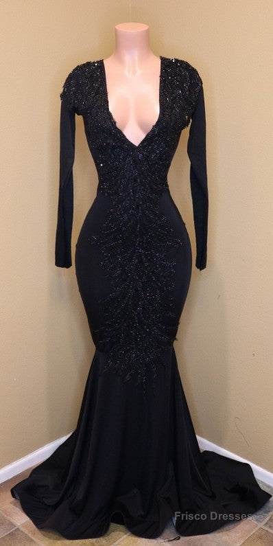 Mermaid Lace Sequins V Neck Long Sleeveless Black Prom Dresses Secondary image