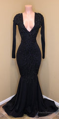 Mermaid Lace Sequins V Neck Long Sleeveless Black Prom Dresses