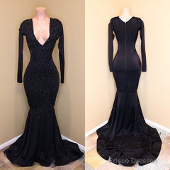 Mermaid Lace Sequins V Neck Long Sleeveless Black Prom Dresses