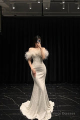 Mermaid Long Champagne Prom Dress Sequin Off The Shoulder Evening Dress With Feather