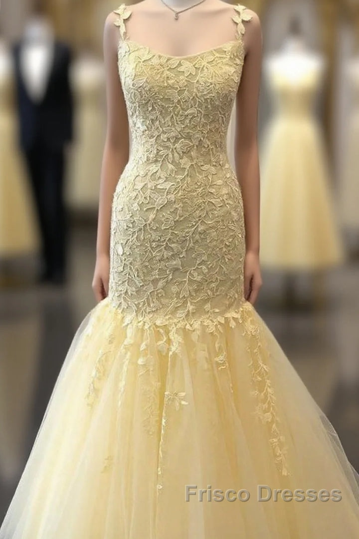 Mermaid Long Formal Prom Dress, Yellow Lace Formal Prom Dress, Modest Evening Party Dress