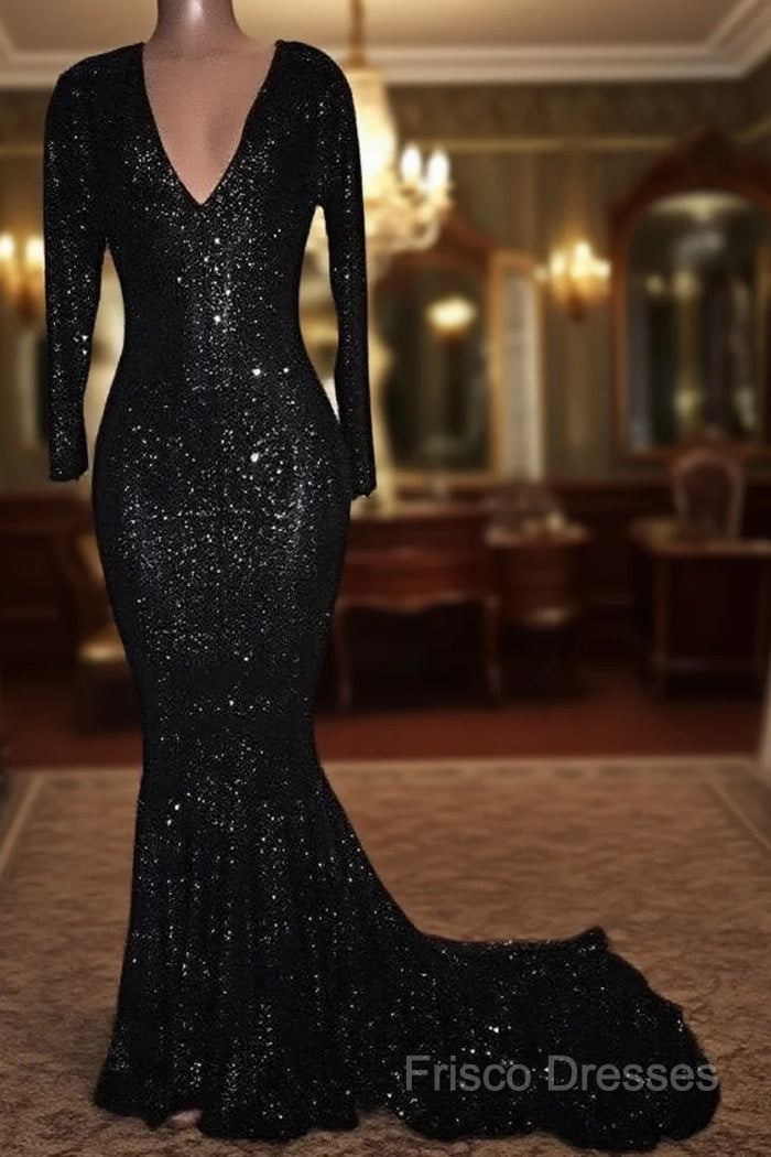 Mermaid Long-Sleeves Black Sequined Formal Prom Dress Main image