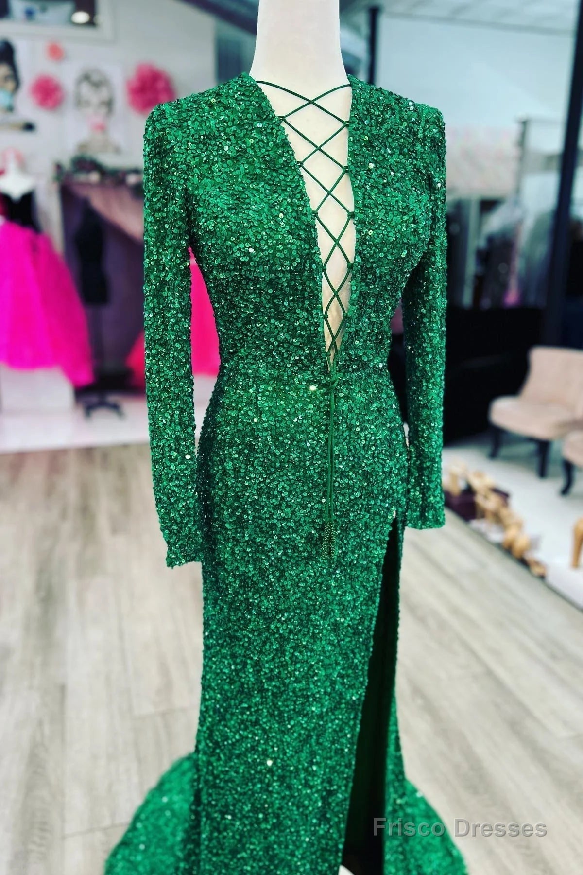 Mermaid Long Sleeves Sequins Green Prom Evening Dresses Lace-Up Neck With Slit Secondary image