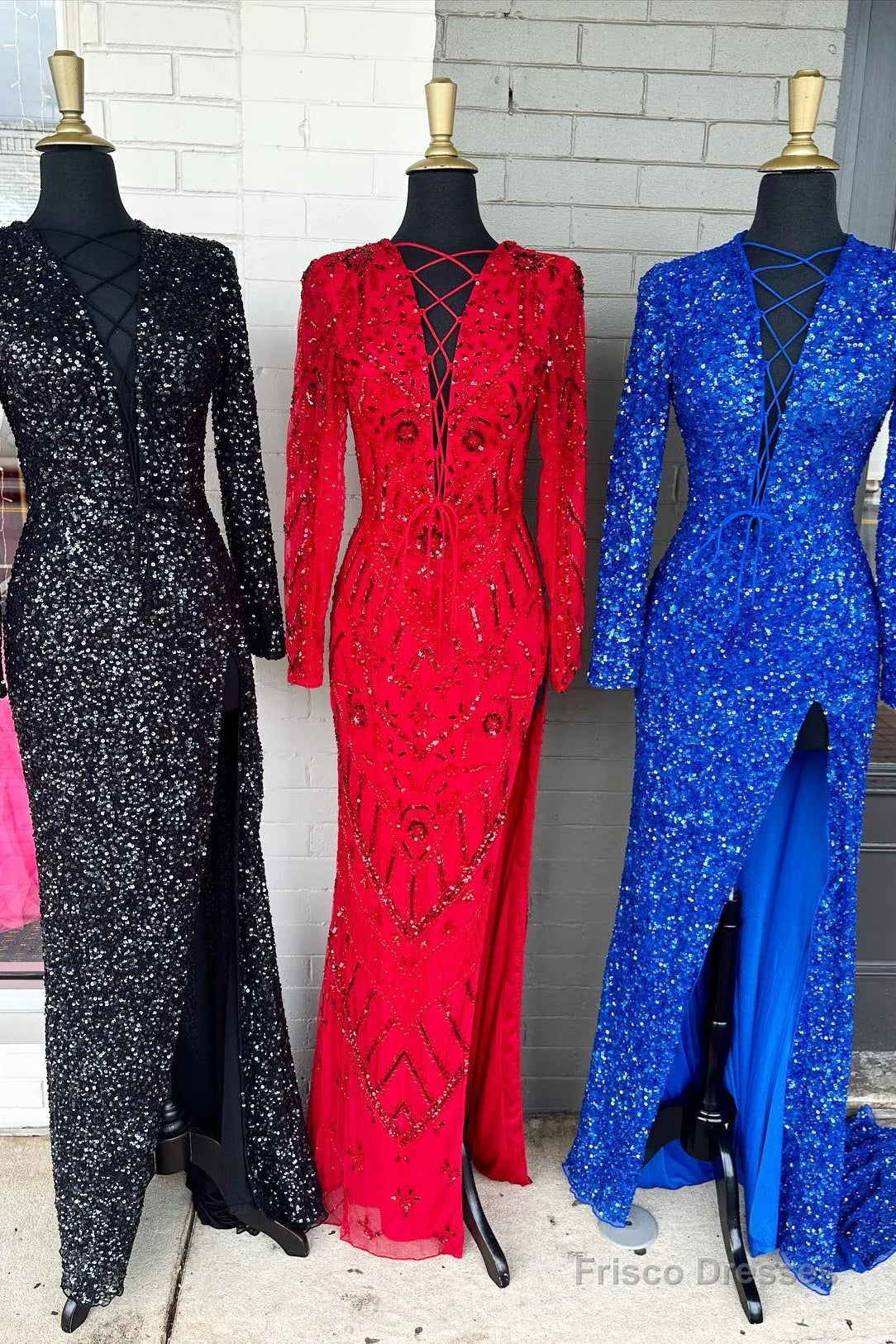 Mermaid Long Sleeves Sequins Green Prom Evening Dresses Lace-Up Neck With Slit