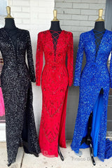 Mermaid Long Sleeves Sequins Green Prom Evening Dresses Lace-Up Neck With Slit
