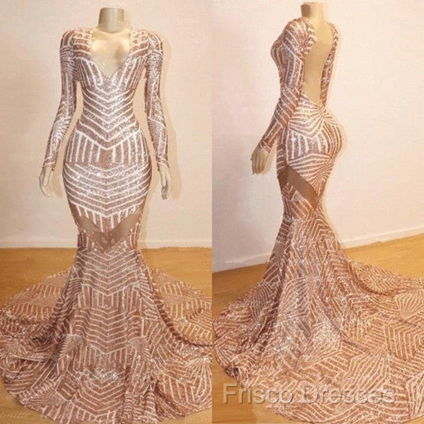 Mermaid Long Sleevess V-Neck Sequined Sweep Train Formal Prom Dress Secondary image