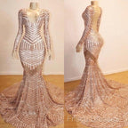 Mermaid Long Sleevess V-Neck Sequined Sweep Train Formal Prom Dress