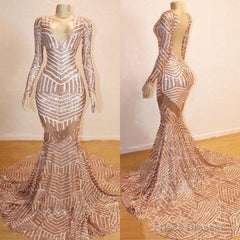Mermaid Long Sleevess V-Neck Sequined Sweep Train Prom Dresses
