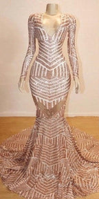 Mermaid Long Sleevess V-Neck Sequined Sweep Train Formal Prom Dress