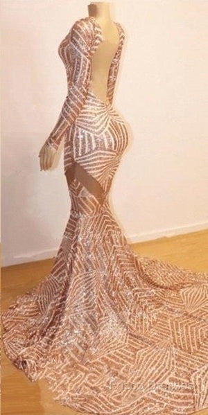 Mermaid Long Sleevess V-Neck Sequined Sweep Train Formal Prom Dress