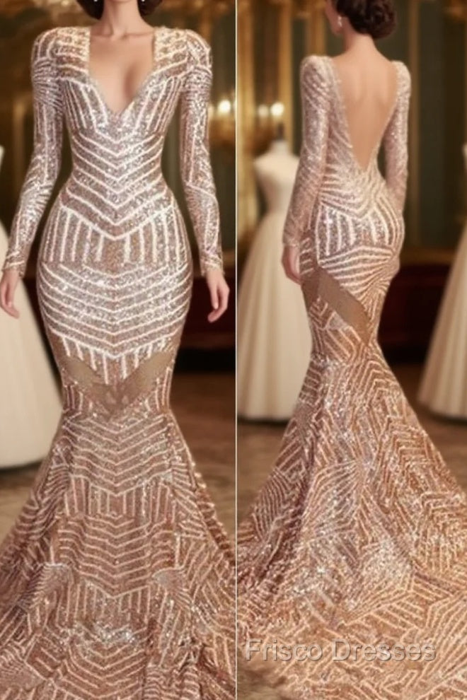 Mermaid Long Sleevess V-Neck Sequined Sweep Train Formal Prom Dress Main image