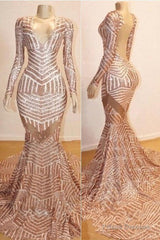Mermaid Long Sleevess V-Neck Sequined Sweep Train Prom Dresses