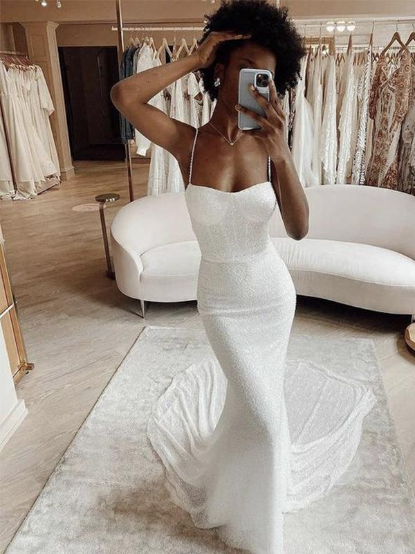 Mermaid Modest Spaghetti Straps Sparkly Long Beach Prom Dresses Main image