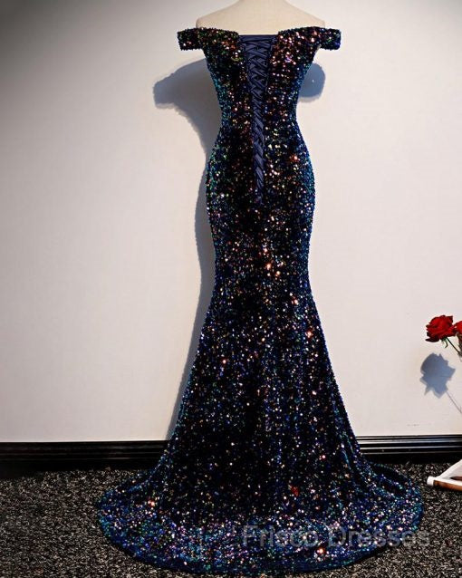 Mermaid Navy Blue Sequins Formal Dress With Off The Shoulder Top Formal Prom Dress Formal Dress