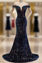 Mermaid Navy Blue Sequins Formal Dress With Off The Shoulder Top Formal Prom Dress Formal Dress