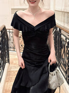 Mermaid Off Shoulder Floor Length Satin Black Prom Dress