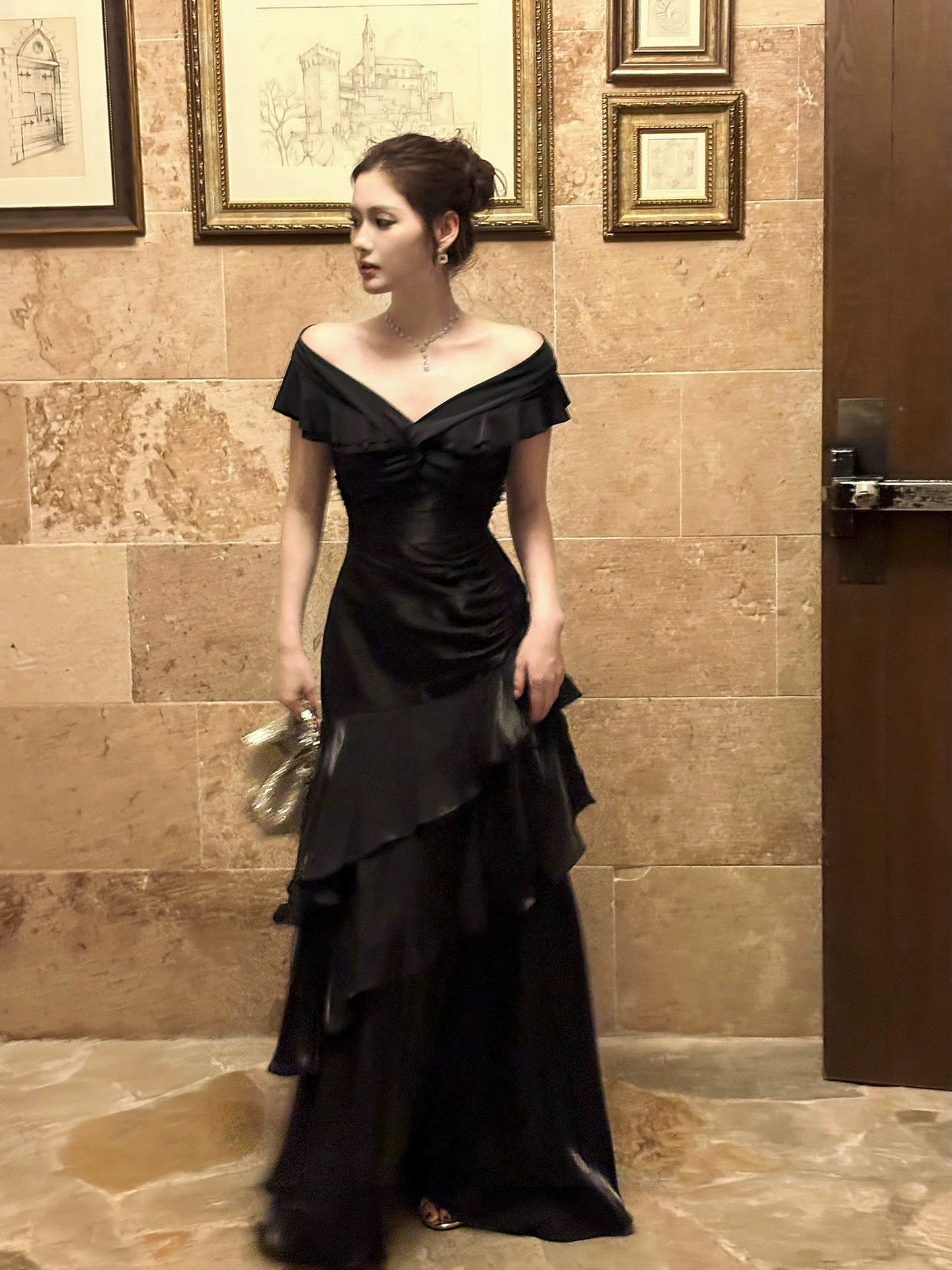 Mermaid Off Shoulder Floor Length Satin Black Prom Dress Main image
