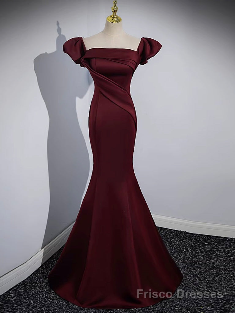 Mermaid off Shoulder Satin Burgundy Long Prom Dress, Burgundy Formal Dress Main image