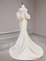 Mermaid Off Shoulder Satin Light Champagne Long Prom Dress, Light Champagne Formal Dress