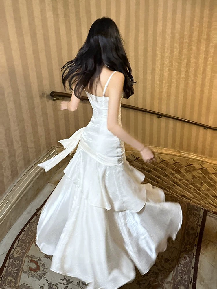Mermaid Off Shoulder Tea Length Satin White Party Dress Secondary image