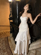 Mermaid Off Shoulder Tea Length Satin White Party Dress