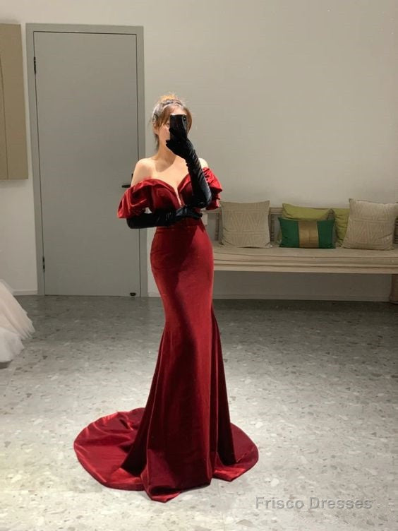 Mermaid Off The Shoulder Burgundy Long Prom Dress