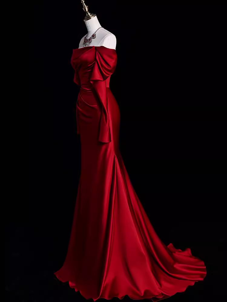 Mermaid Off The Shoulder Burgundy Long Satin Prom Dresses