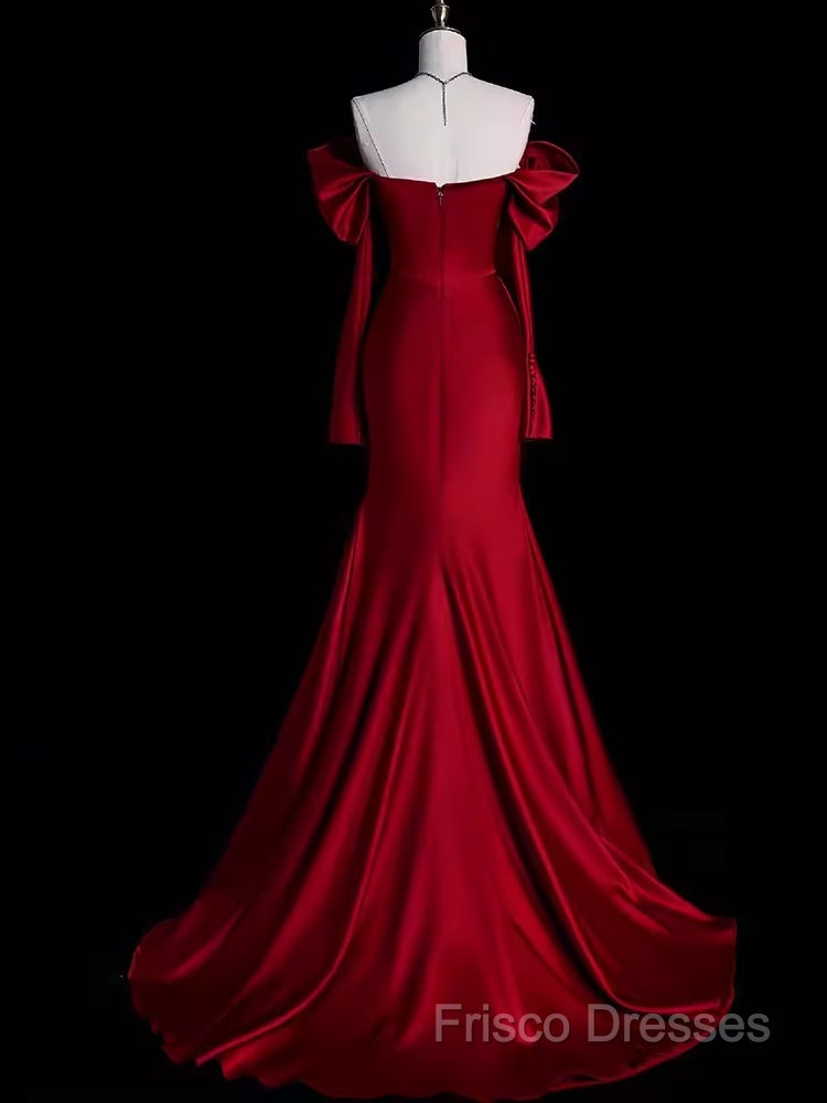 Mermaid Off The Shoulder Burgundy Long Satin Formal Prom Dress