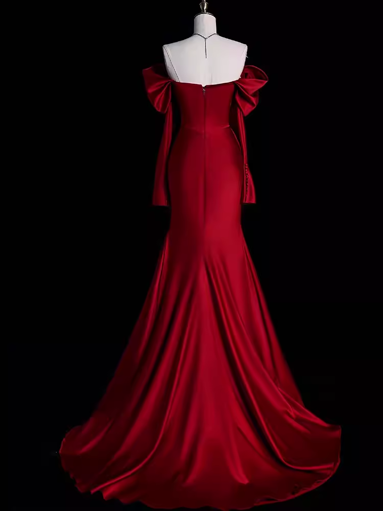 Mermaid Off The Shoulder Burgundy Long Satin Prom Dresses