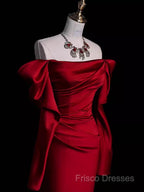 Mermaid Off The Shoulder Burgundy Long Satin Formal Prom Dress