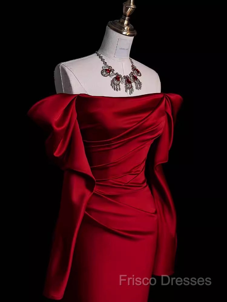 Mermaid Off The Shoulder Burgundy Long Satin Formal Prom Dress