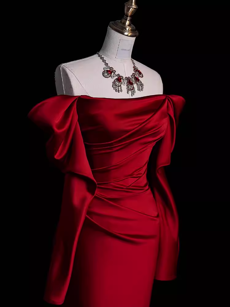 Mermaid Off The Shoulder Burgundy Long Satin Prom Dresses