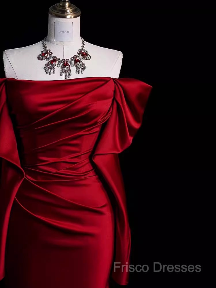 Mermaid Off The Shoulder Burgundy Long Satin Formal Prom Dress