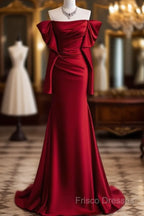 Mermaid Off The Shoulder Burgundy Long Satin Formal Prom Dress